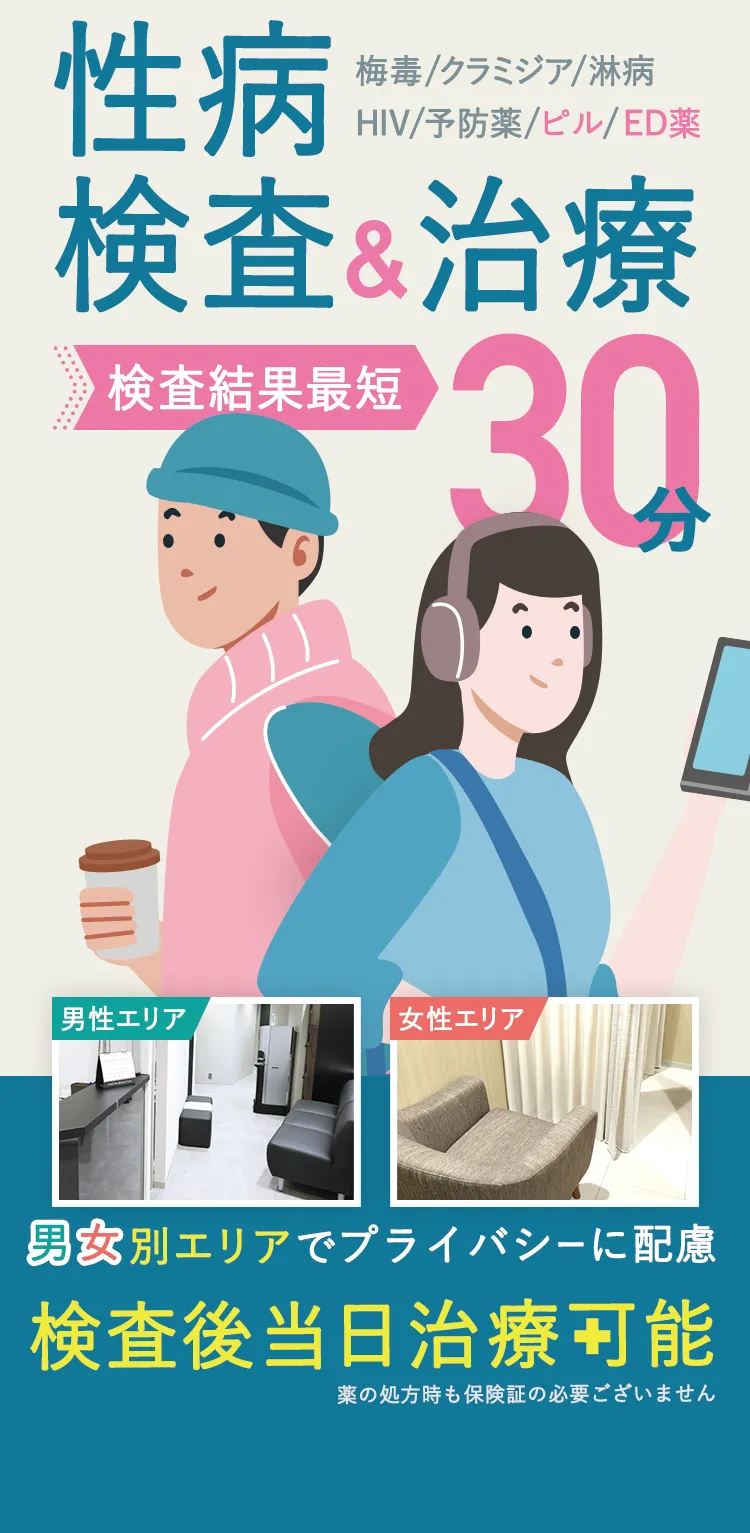 性感染症 検査＆治療 検査結果最短30分 保険証不要 匿名OK 池袋駅東口徒歩0分 初診料・再診料無料 梅毒、クラミジア、淋病、HIV、ピル、ED薬